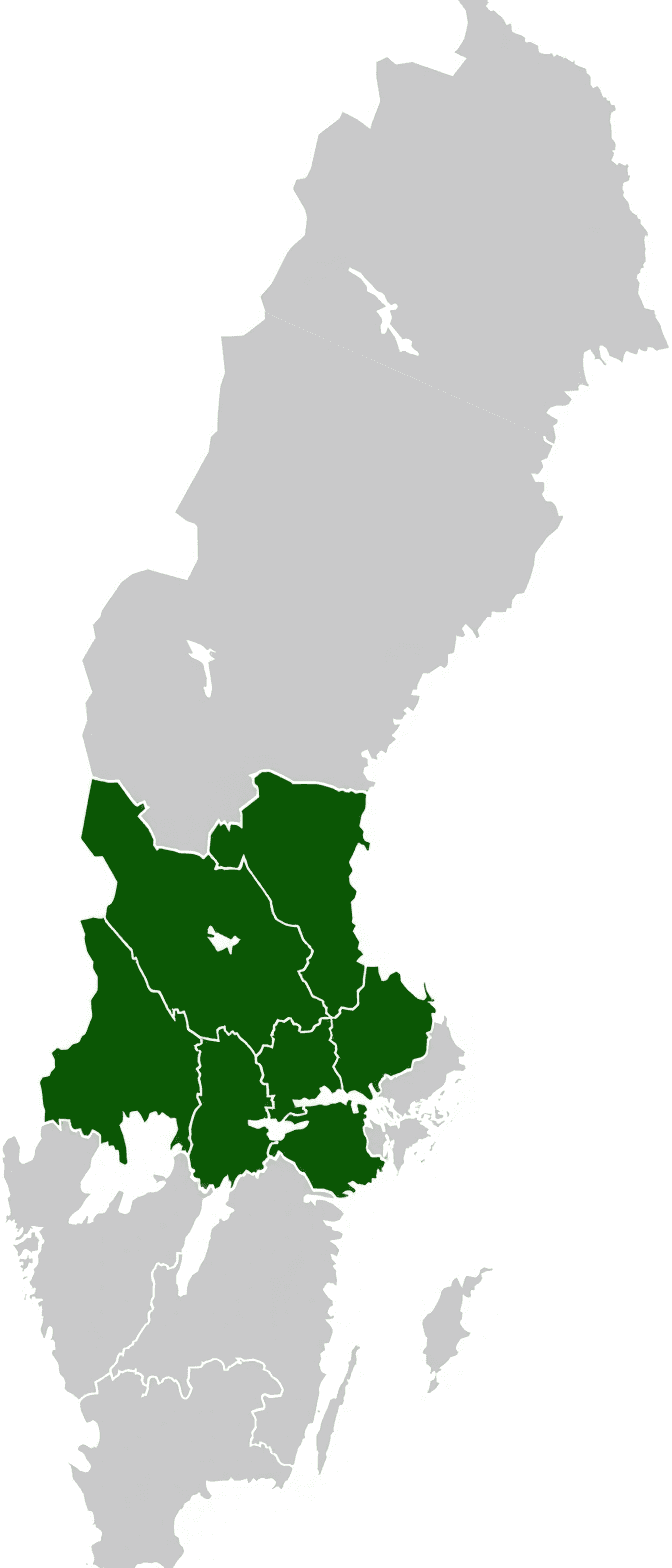 Karta över Sverige med Mellansverige markerat i grönt — vårt serviceområde för mindre uppdrag