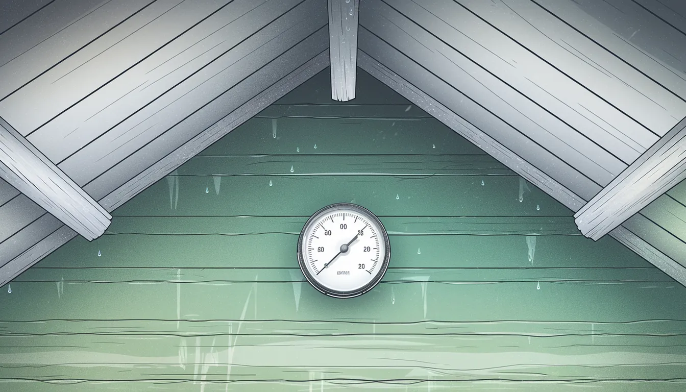 Vattendroppar och frost på undersidan av råspont på en svensk kallvind, hygrometer i förgrunden