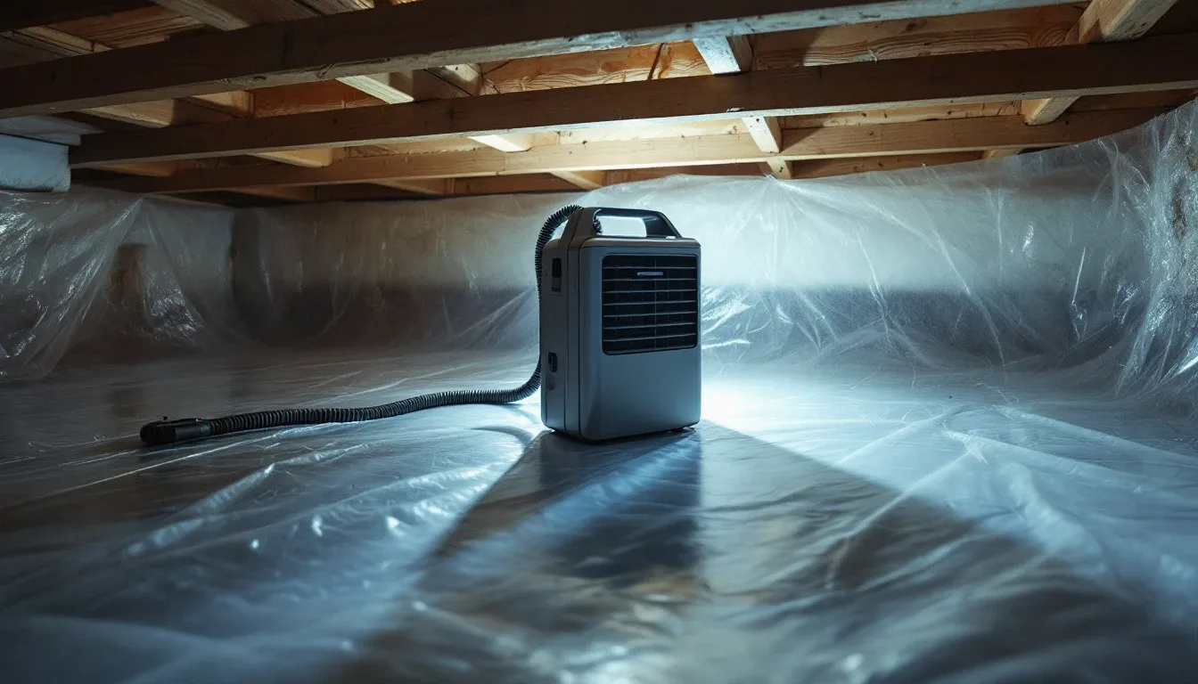 Markplast och en kompakt avfuktare i krypgrunden under en villa